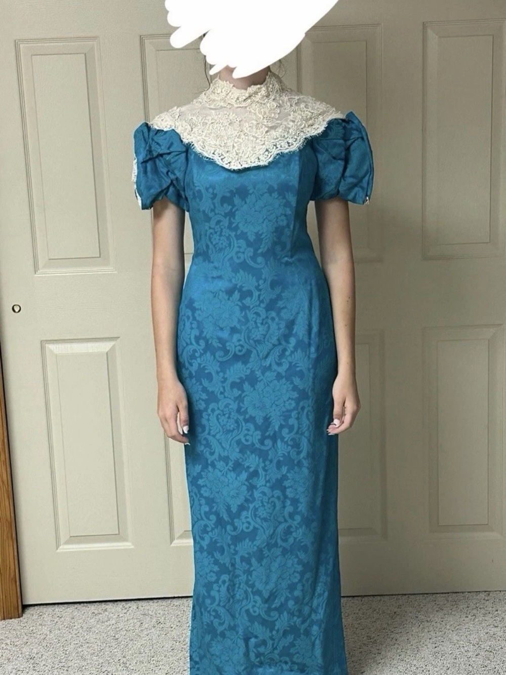 Vintage Jessica McClintock Bridal Teal Damask Gown with Cream Lace Yoke